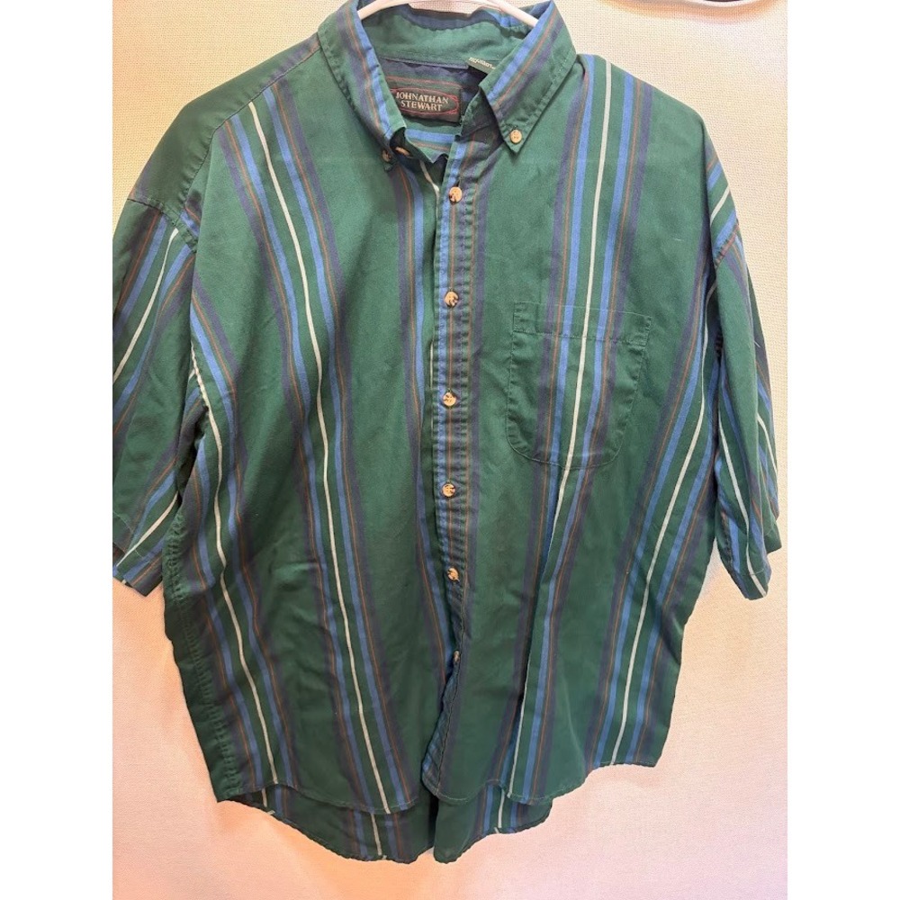 Johnathan Stewart Mens Green Striped Short Sleeve Button Down Shirt Large